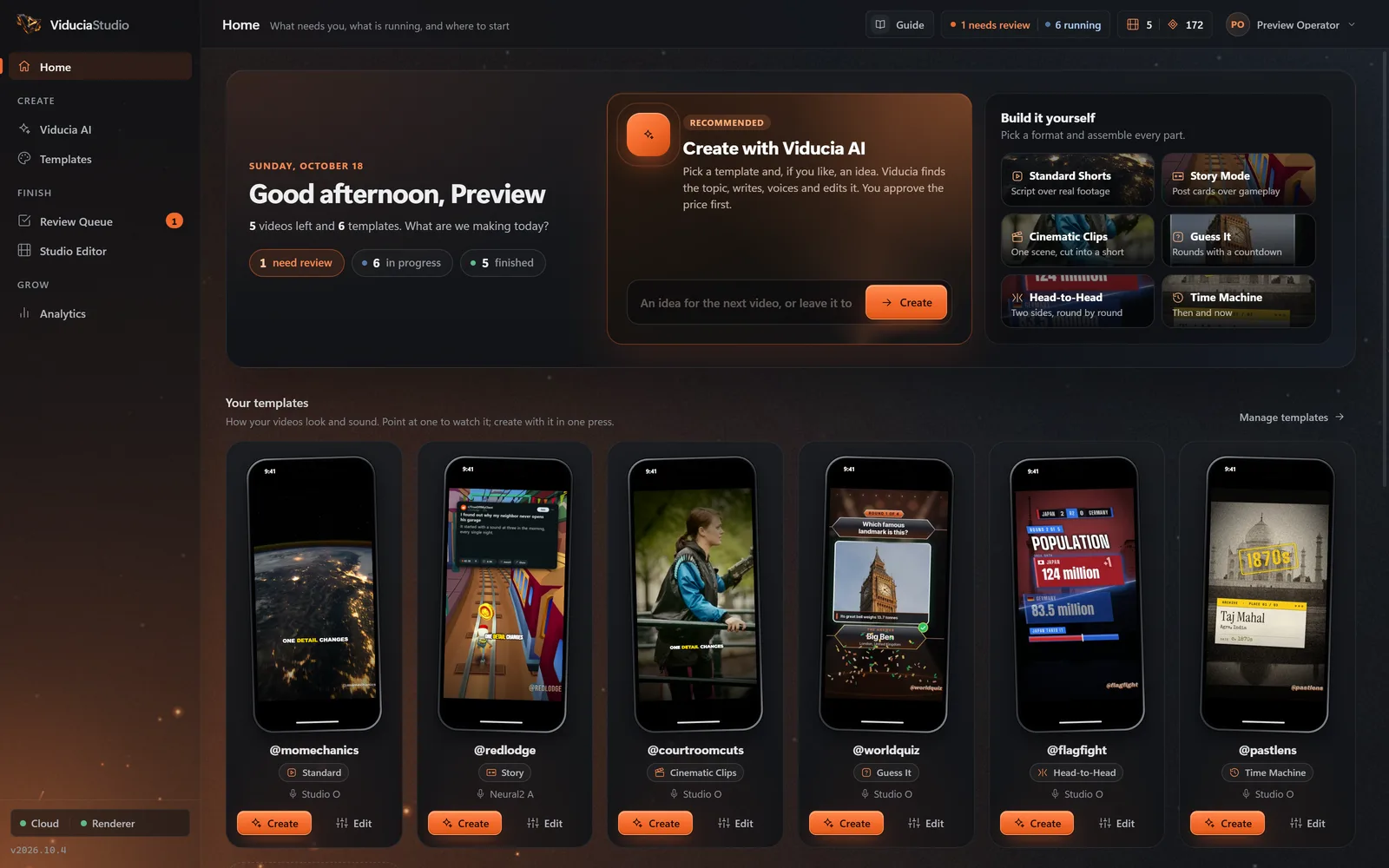 ViduciaStudio Home on Windows: Create with Viducia AI, a Build it yourself grid of the six formats, and a row of saved templates shown as phones.