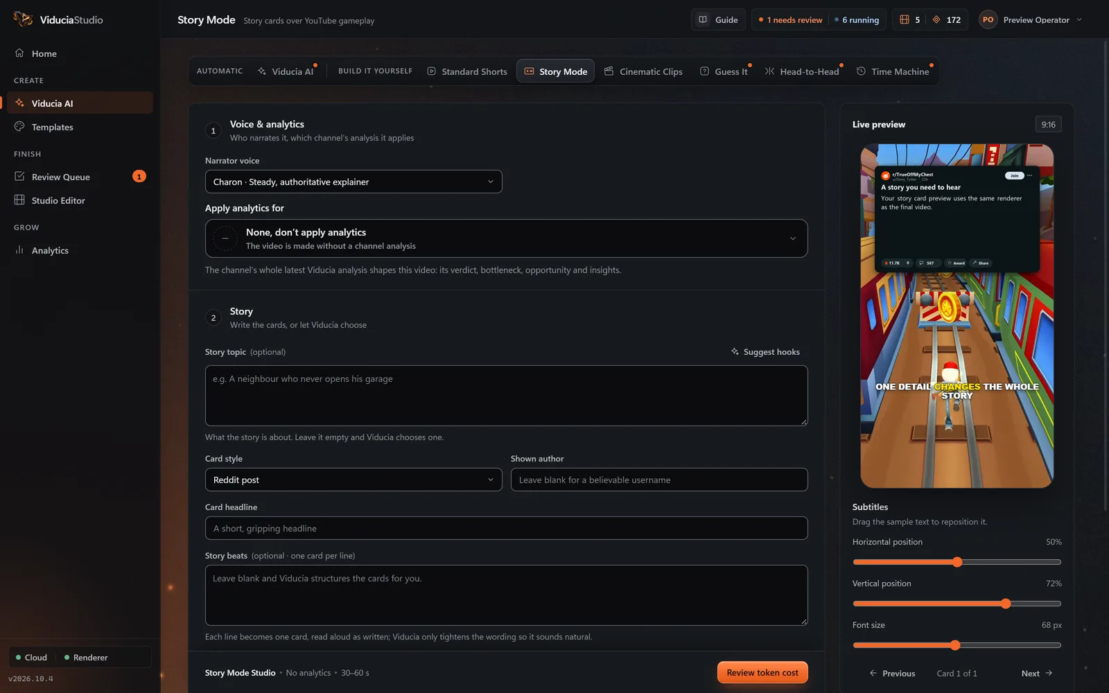 The Story Mode studio in ViduciaStudio: story topic, card style, shown author, card headline and story beats, beside a live preview of a post card over gameplay.