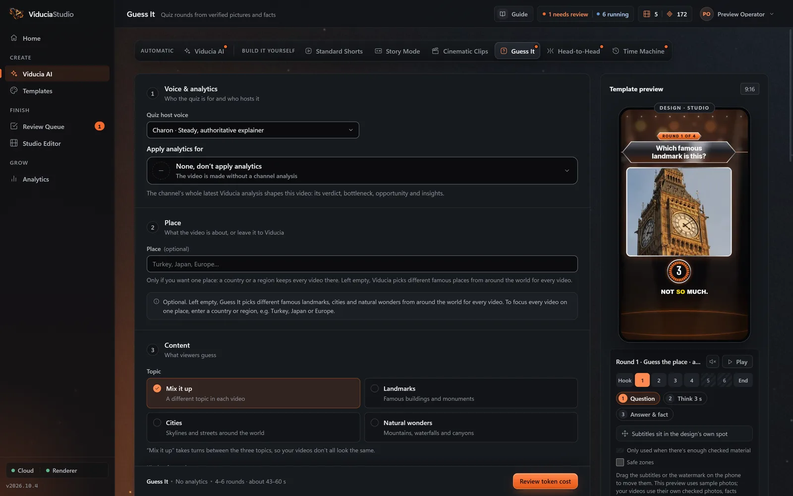 The Guess It studio in ViduciaStudio: quiz host voice, place and topic choices, beside a template preview of round one in the Studio design with a three-second countdown over a photo of Big Ben.