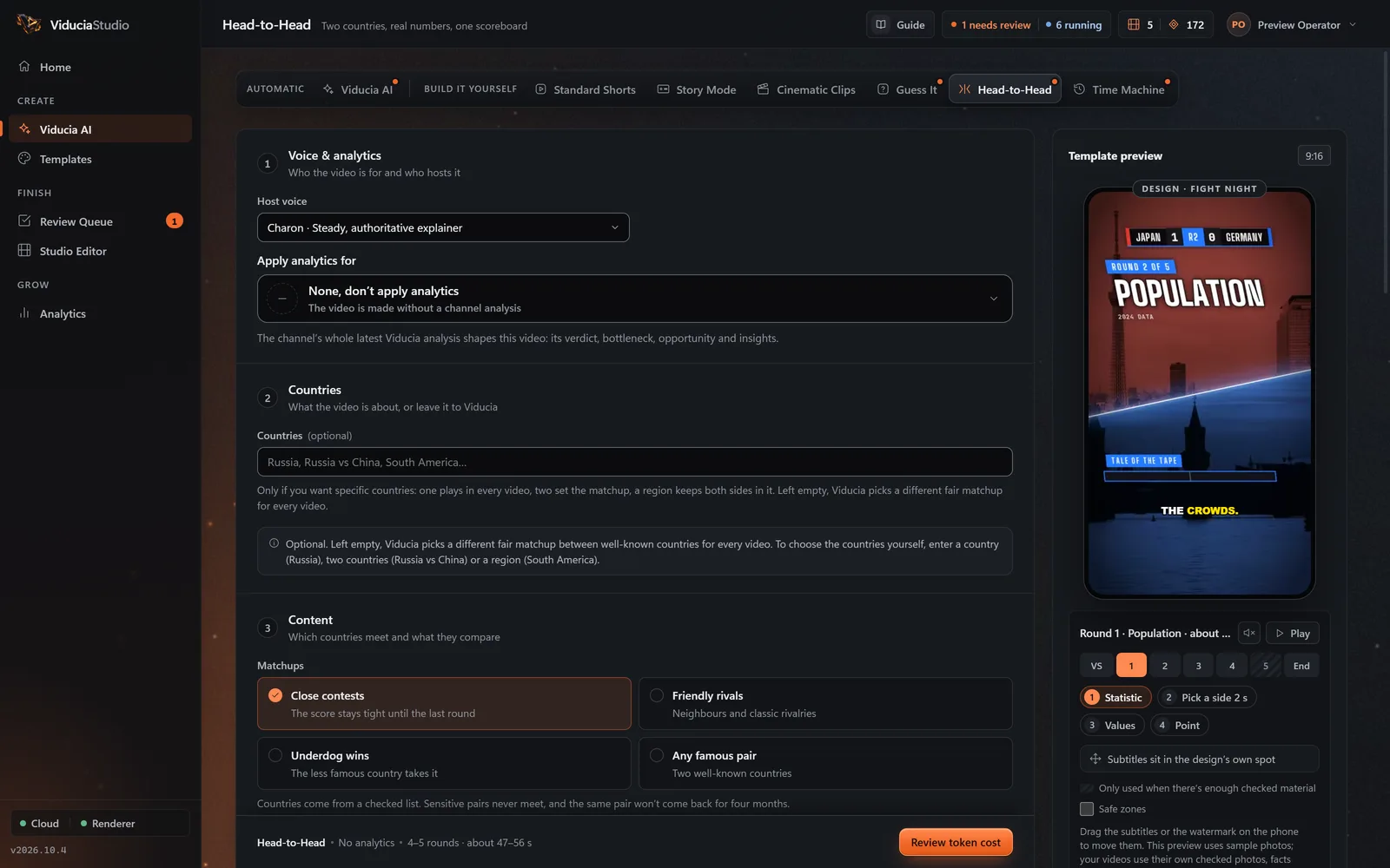 The Head-to-Head studio in ViduciaStudio: host voice, countries and matchup choices, beside a template preview of a population round between Japan and Germany in the Fight Night design.